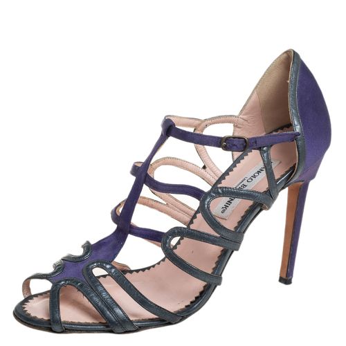 Manolo Blahnik Purple/Grey Leather And Satin Cage Sandals Size 40 - Manolo Blahnik - Modalova