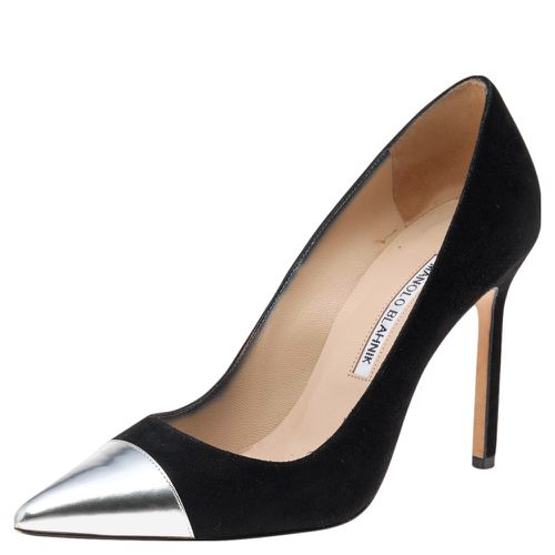 Manolo Blahnik Black/Silver Suede And Leather Bipunta Cap-Toe Pumps Size 37 - Manolo Blahnik - Modalova