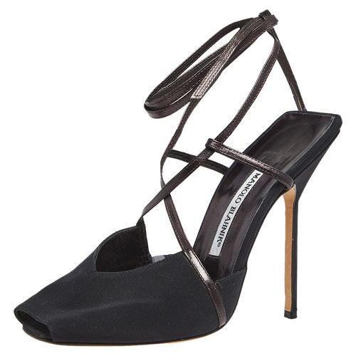 Manolo Blahnik Black/Plum Satin and Leather Square Peep-Toe Ankle-Tie Sandals Size 38.5 - Manolo Blahnik - Modalova