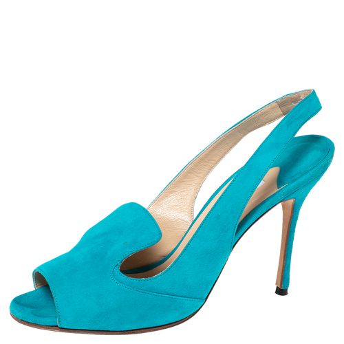 Manolo Blahnik Aqua Blue Suede Slingback Peep-Toe Sandals Size 37 - Manolo Blahnik - Modalova