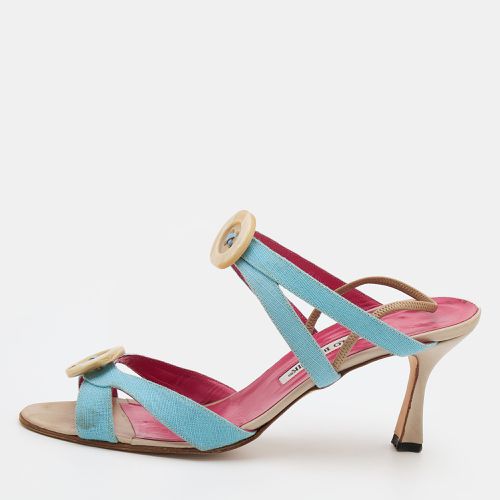 Manolo Blahnik Blue Canvas Button Strappy Slide Sandals Size 39.5 - Manolo Blahnik - Modalova