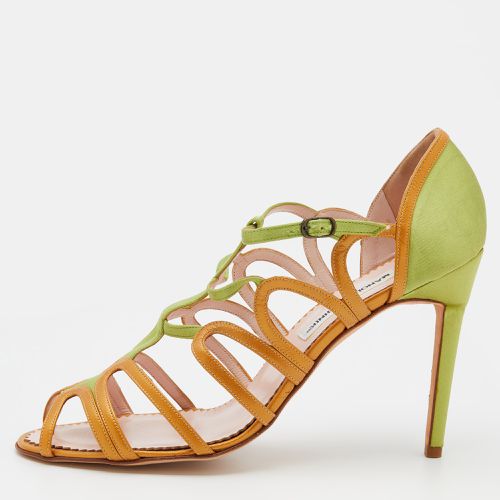 Manolo Blahnik Green/Gold Satin And Leather Cut Out Strappy Sandals Size 41 - Manolo Blahnik - Modalova