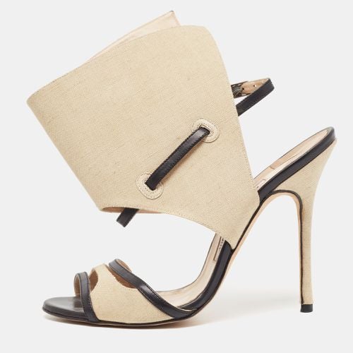 Manolo Blahnik Beige/Black Canvas and Leather Ankle Strap Sandals Size 37.5 - Manolo Blahnik - Modalova