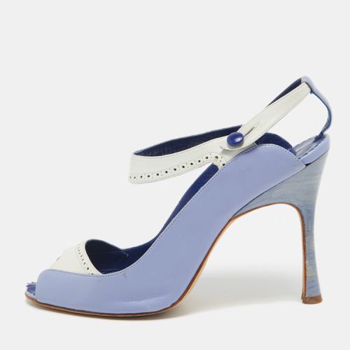 Manolo Blahnik Blue/White Leather Peep Toe Slingback Pumps Size 40 - Manolo Blahnik - Modalova