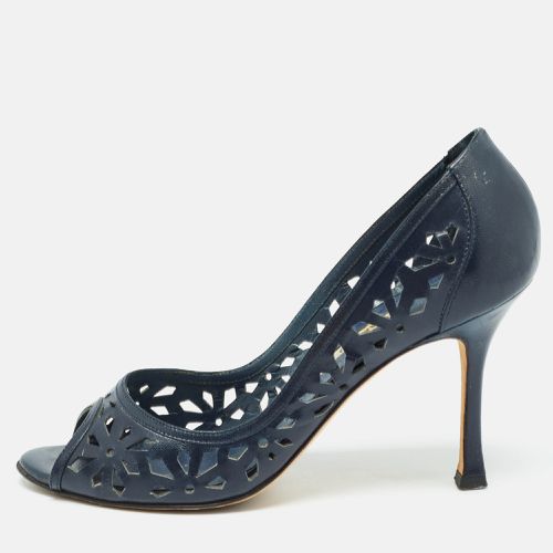 Manolo Blahnik Navy Blue Leather Open Toe Pumps Size 36.5 - Manolo Blahnik - Modalova