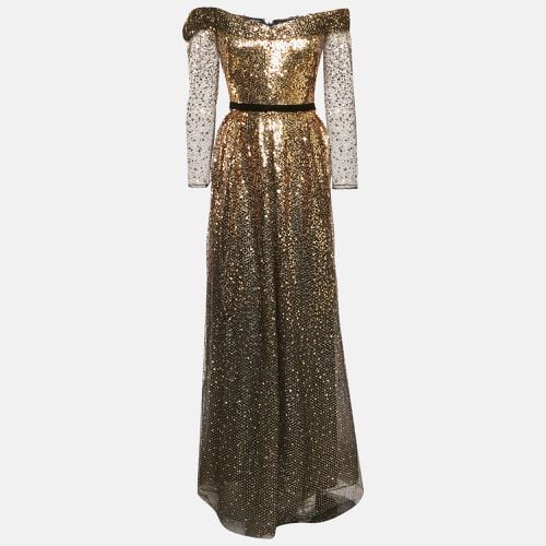 Gold Sequin Embellished Tulle Off Shoulder Gown L - Marchesa Notte - Modalova