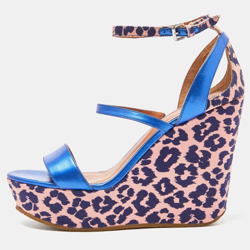 Marc by Marc Jacobs Blue/Pink Leather and Animal Print Fabric Wedge Ankle Strap Sandals Size 38 - Marc by Marc Jacobs - Modalova