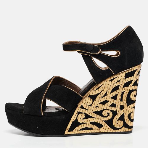 Marni Black/Gold Suede Wedge Ankle Strap Sandals Size 39 - Marni - Modalova