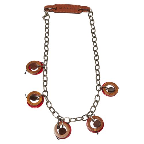 Marni Red Resin and Wood Leather Tag Necklace - Marni - Modalova