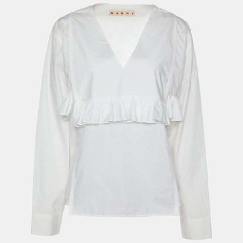 Marni White Cotton Ruffle Detail V-Neck Top L - Marni - Modalova