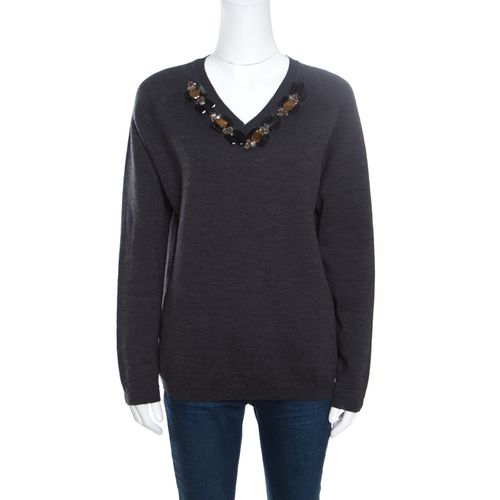 Marni Dark Grey Wool Crystal Embellished V Neck Sweater M - Marni - Modalova