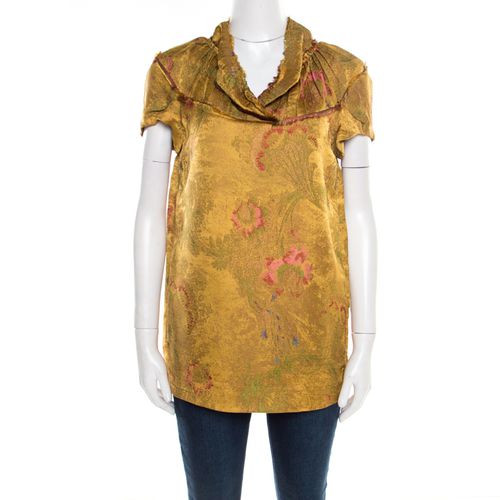 Marni Gold Floral Jacquard Frayed Trim Detail Cap Sleeve Top S - Marni - Modalova