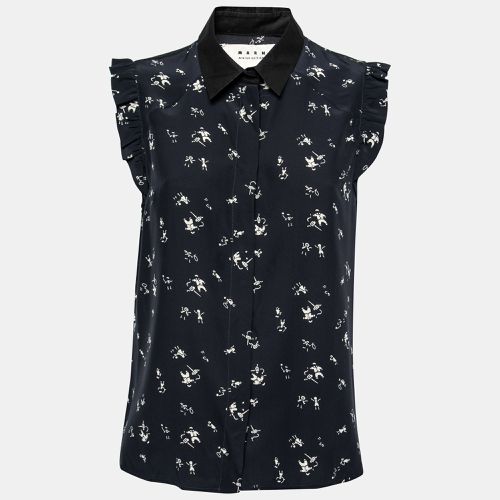 Marni Navy Blue Printed Silk Ruffled Detail Sleeveless Shirt M - Marni - Modalova