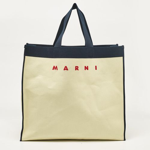 Marni Cream/Navy Blue Canvas Logo Shopping Tote - Marni - Modalova