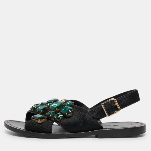 Marni Black Calf Hair Embellished Flat Slingback Sandals Size 37 - Marni - Modalova