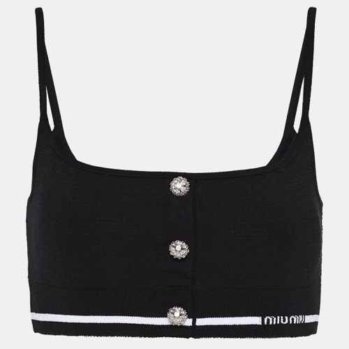 Miu Miu Black Crystal Embellished Button Stretch Knit Crop Top S - Miu Miu - Modalova