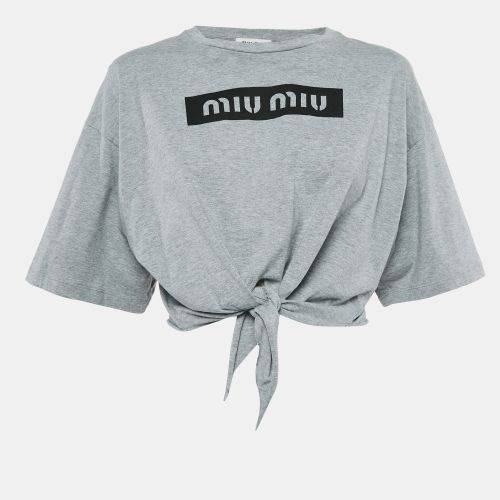 Miu Miu Grey Logo Print Cotton Knotted Crop Top M - Miu Miu - Modalova