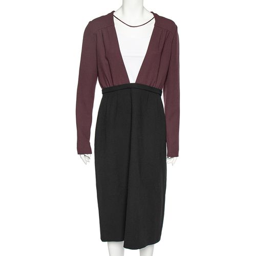 Miu Miu Black-Burgundy Textured Wool Plunge Neck Midi Dress L - Miu Miu - Modalova