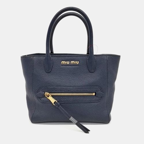 Miu Miu Navy Blue Leather Madras Front Zip Satchel Bag - Miu Miu - Modalova