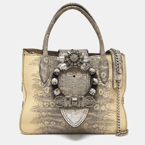 Miu Miu Cream/Black Lizard Embossed Leather Crystal Embellished Tote - Miu Miu - Modalova