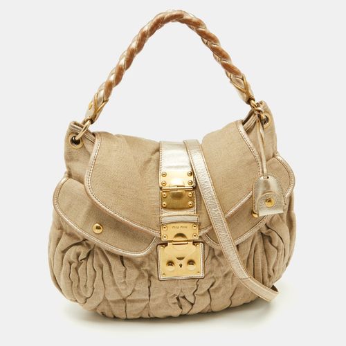 Miu Miu Beige/Gold Linen and Leather Coffer Satchel - Miu Miu - Modalova