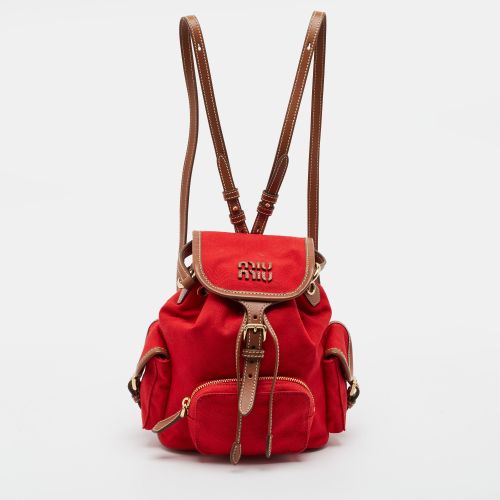 Brown Canvas and Leather Drawstring Backpack - Miu Miu - Modalova