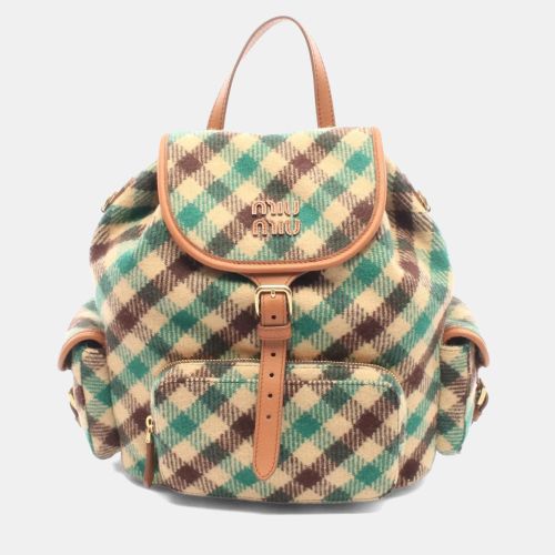 Checked Green Multicolor Wool Leather Backpack - Miu Miu - Modalova