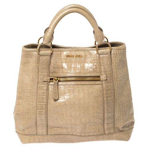 Miu Miu Pale Green Croc Embossed Patent Leather Front Zip Tote - Miu Miu - Modalova