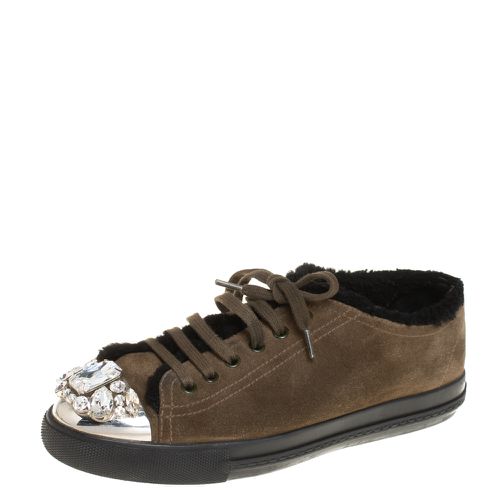 Miu Miu Olive Green Suede And Shearling Studded Cap Toe Sneakers Size 38 - Miu Miu - Modalova