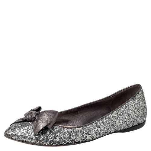 Miu Miu Metallic Grey Glitter Bow Ballet Flats Size 37 - Miu Miu - Modalova