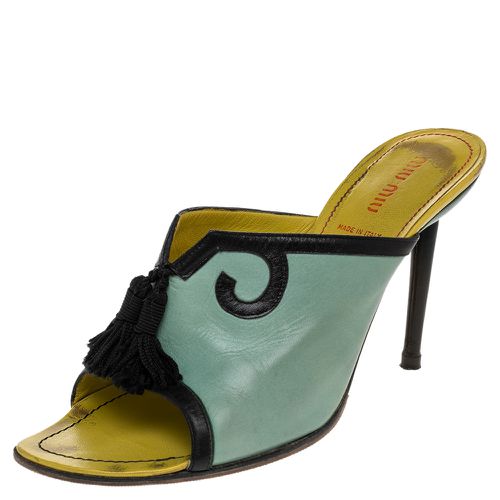 Miu Miu Green/Black Leather Tassel Peep Toe Slide Sandals Size 38.5 - Miu Miu - Modalova