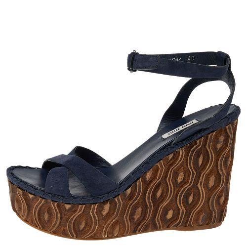 Suede Wedge Platform Ankle Strap Sandals Size 40 - Miu Miu - Modalova