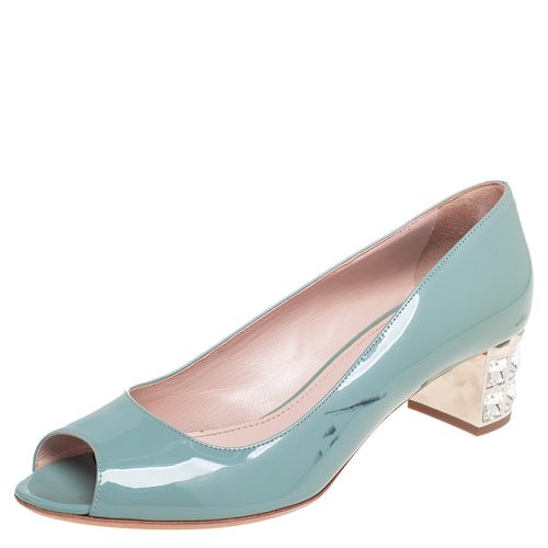 Miu Miu Blue Patent Leather Peep Toe Embellished Block Heel Pumps Size 37.5 - Miu Miu - Modalova