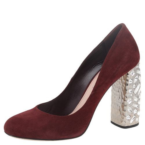 Miu Miu Burgundy Suede Crystal Embellished Block Heel Pumps Size 40.5 - Miu Miu - Modalova