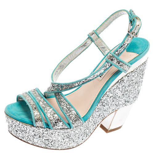 Miu Miu Turquoise Suede and Glitter Ankle Strap Platform Sandals Size 36 - Miu Miu - Modalova