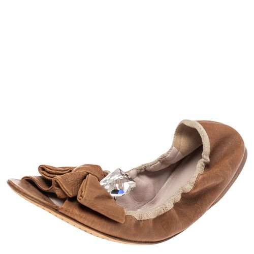 Miu Miu Brown Leather Scrunch Bow Open Toe Ballet Flats Size 40.5 - Miu Miu - Modalova