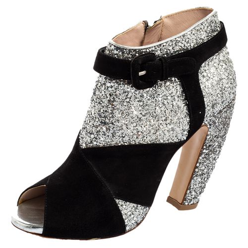 Miu Miu Silver/Black Glitter and Suede Peep-Toe Ankle Boots Size 37.5 - Miu Miu - Modalova