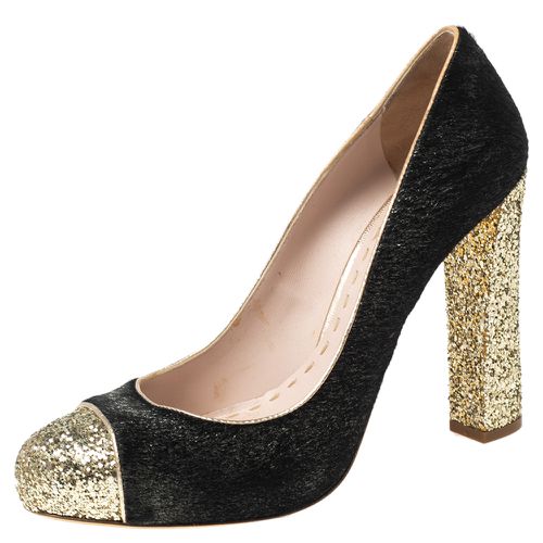 Miu Miu Black/Gold Calf Hair And Coarse Glitter Cap-Toe Block Heel Pumps Size 40 - Miu Miu - Modalova