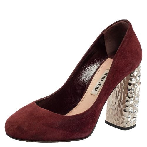 Miu Miu Burgundy Suede Crystal Embellished Block Heel Pumps Size 35 - Miu Miu - Modalova