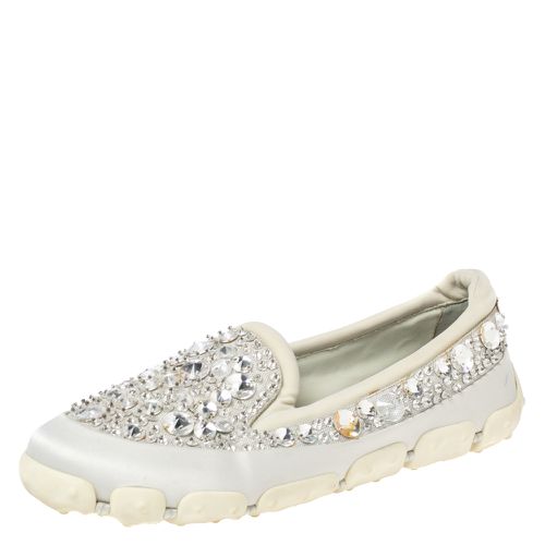 Miu Miu Grey Satin And Fabric Crystal Embellished Slip On Sneakers Size 38.5 - Miu Miu - Modalova