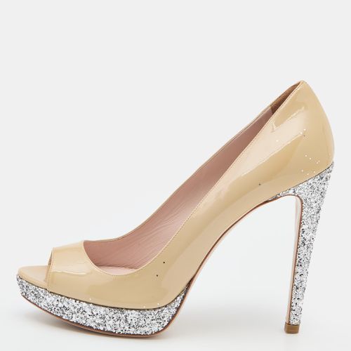 Silver Patent Leather and Glitter Peep Toe Platform Pumps Size 40 - Miu Miu - Modalova