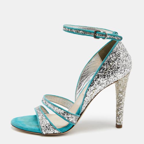 Miu Miu Silver/Blue Coarse Glitter And Suede Trims Open Toe Ankle Strap Sandal Size 35 - Miu Miu - Modalova