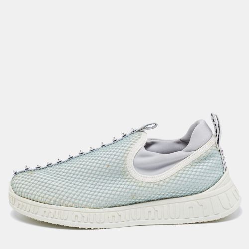 Miu Miu Sea Green/Grey Mesh and Neoprene Crystal Embellished Slip-On Sneakers Size 37 - Miu Miu - Modalova