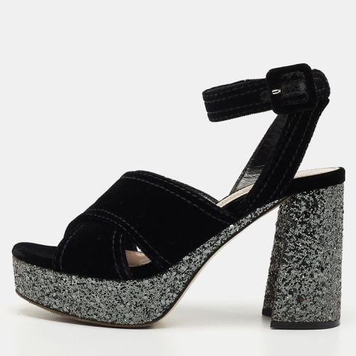 Miu Miu Black Velvet and Glitter Platform Ankle Strap Sandals Size 37 - Miu Miu - Modalova