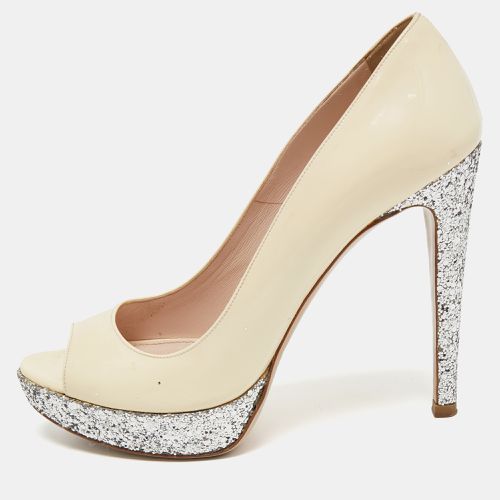 Miu Miu Cream Patent Leather And Coarse Glitter Peep Toe Platform Pumps Size 36.5 - Miu Miu - Modalova