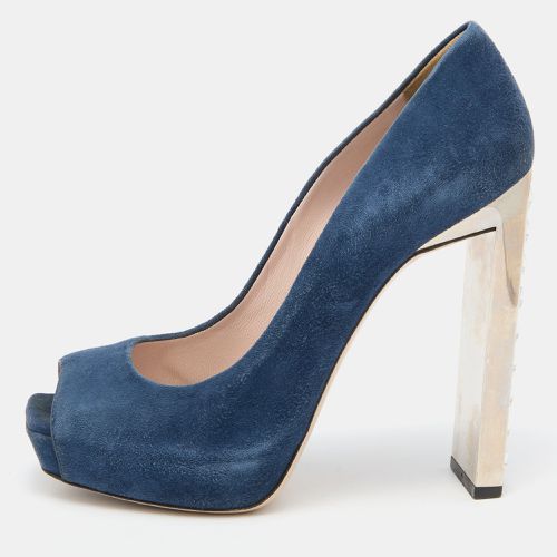 Miu Miu Navy Teal Suede Crystal Heel Peep Toe Pumps Size 38.5 - Miu Miu - Modalova