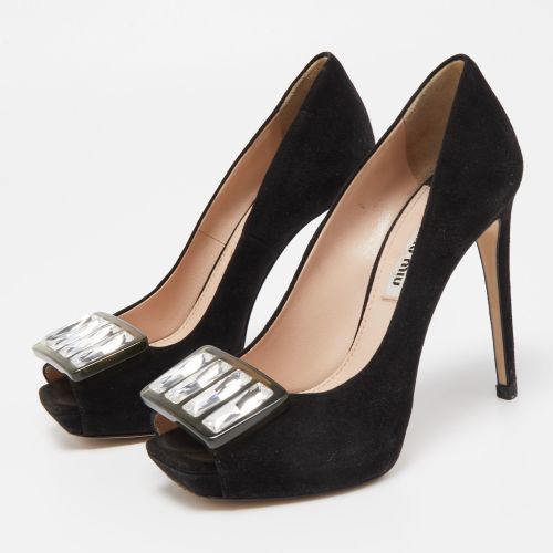 Suede Crystal Embellished Peep Toe Pumps Size 35.5 - Miu Miu - Modalova