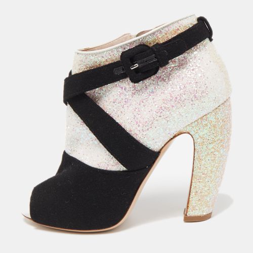 Miu Miu Silver/Black Glitter and Suede Peep-Toe Ankle Boots Size 38 - Miu Miu - Modalova