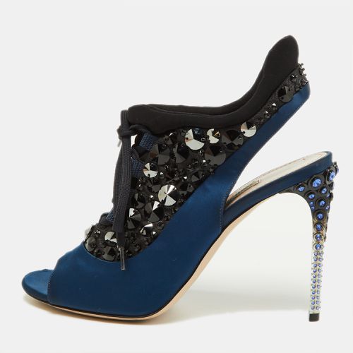 Miu Miu Navy Blue/Black Satin and Fabric Embellished Cutout Booties Size 39 - Miu Miu - Modalova