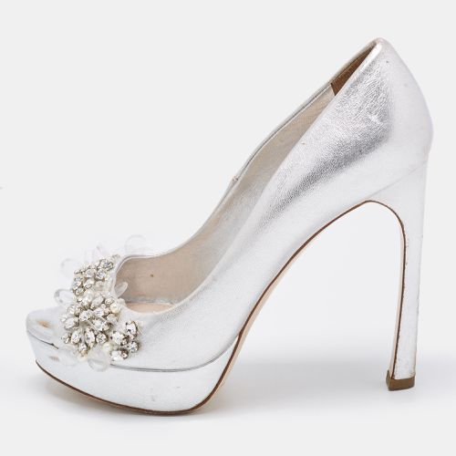 Miu Miu Silver Leather Embellished Peep Toe Platform Pumps Size 36.5 - Miu Miu - Modalova